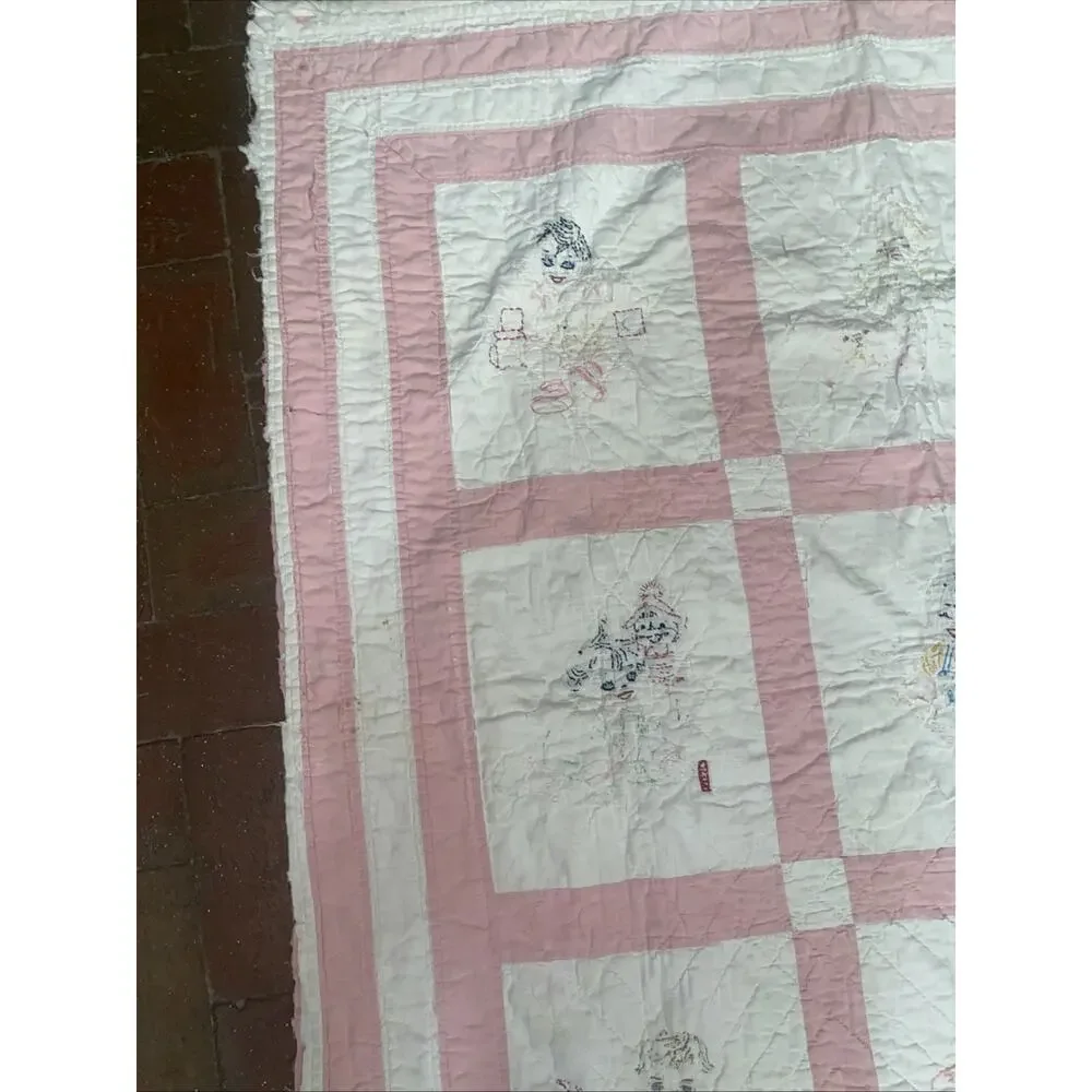 Vintage Patchwork Hand Quilted Embroidered Baby Girl Cotton Blanket Quilt 44” SQ